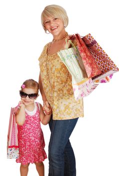 Mother and daughter with shopping bags studio shot