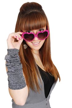 Beauty girl with heart sunglasses