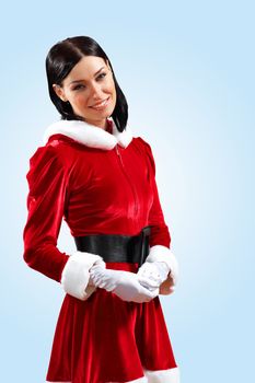 Santa Girl presenting your product, in costume and white gloves