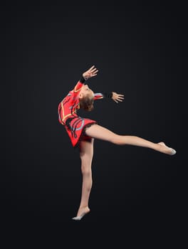 Young cute woman in gymnast suit show athletic skill on black background