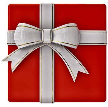 Christmas red gift with white ribbon and bow on white background