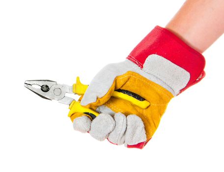 gloved hand with a cutters isolated on a white background