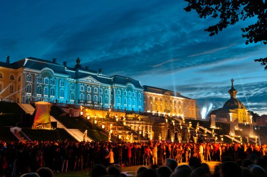 Petergof palace in Russia at show time at dusk