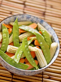 close up of a bowl of stir fried vegetables