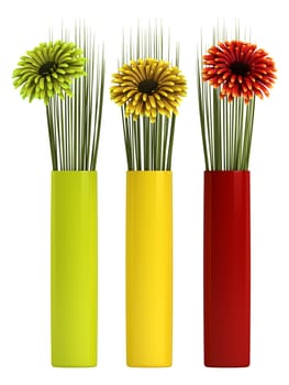 Three ornamental gerbera daisies in red, yellow and green with matching cylindrical containers, isolated on white