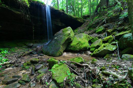 Secluded waterfall flows over a rock ledge in the William B Bankhead National Forest of Alabama.