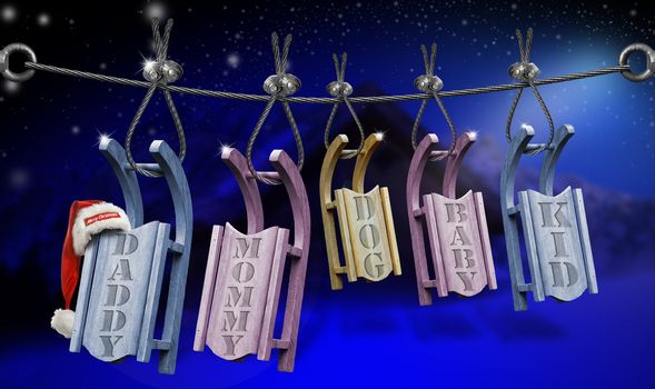 One sled for each family member - winter holidays concept
