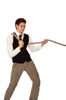 strong-willed man pulling of a rope and wins as a symbol of success