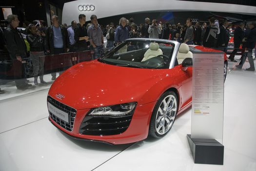 GENEVA, SWITZERLAND - MARCH 4, 2011 - Audi R8 Spyder is presented at the annual motor show in Geneva on March 4, 2011.