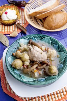 Chicken vegetables soup with fungi