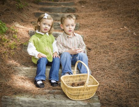 Adorable Brother and Sister Children Sitting on Wood Steps with Basket of Pine Cones.