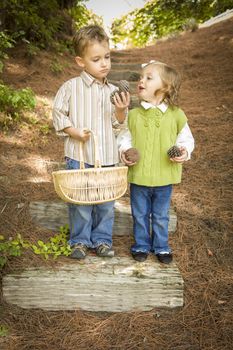 Adorable Brother and Sister Children with Basket Collecting Pine Cones Outside.