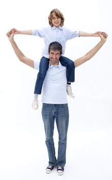 Dad and son playing together against white background