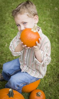 Adorable Young Child Boy Enjoying the Pumpkins at the Pumpkin Patch.