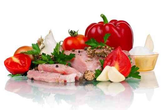 Fresh vegetables and meat on white background