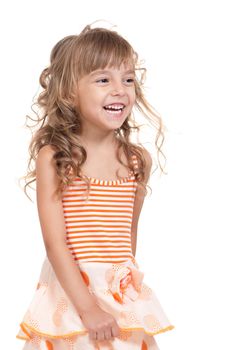 Portrait of emotionally kid. Funny little girl isolated on white background. Beautiful caucasian model.