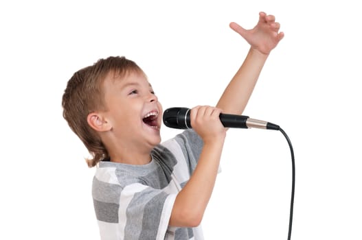 Little boy with microphone - isolated on white background