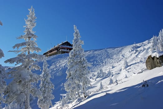 Winter at chalet Dochia in Ceahlau mountains