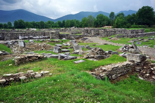 Roman ruins. Fragments of Latin tablets at roman colony Ulpia Traiana Augusta Dacica Sarmizegetusa.