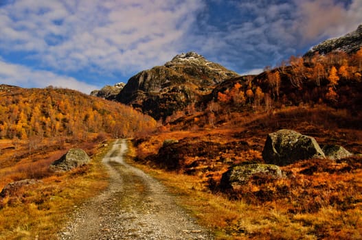 A road into the mountains in autumn
