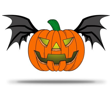 Halloween Pumpkin comic with bat wings flying on white background.