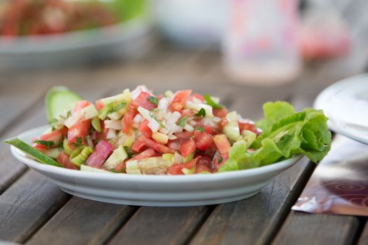 Shepherd salad mixed with minced onions tomatoes, peppers, cucumbers and seasoned with olive oil and lemon juice.