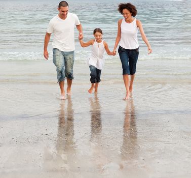 Young family walking on a beach