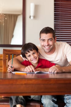 Radiant father helping his son for homework