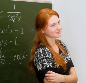 tired happy red-haired girl in math class carried out the task teacher