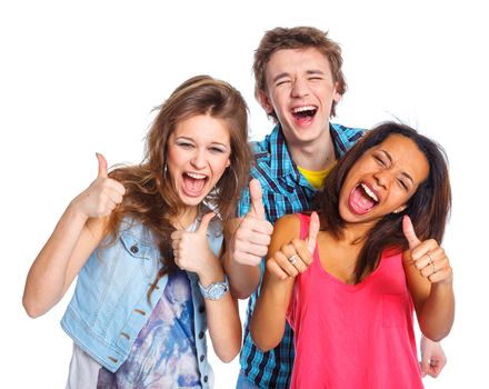 Clouse up portrait of three young teenagers laughing. Isolated on white background.
