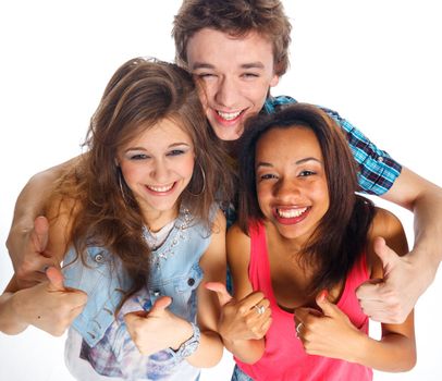 Clouse up portrait of three young teenagers laughing. Isolated on white background.