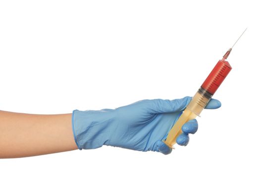 Woman holds in the hand syringe with a new antibiotic for making injection