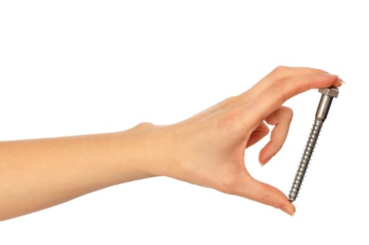 woman holding big bolt in the hand for using in industry