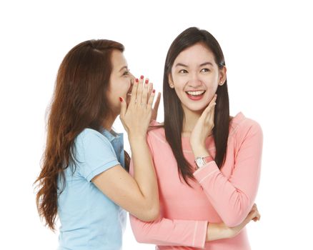 Young women sharing a secret (on white background)