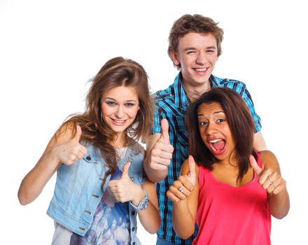 Clouse up portrait of three young teenagers laughing. Isolated on white background.