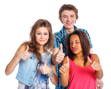 Clouse up portrait of three young teenagers laughing. Isolated on white background.