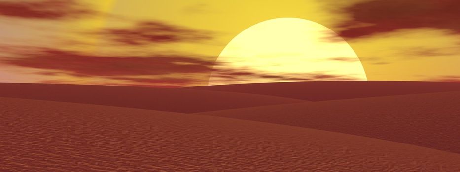 Big yellow sun over sand hills in the desert during sunset