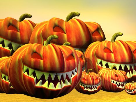 Many halloween pumpkins in yellow background