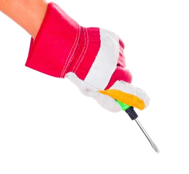 gloved hand with a screwdriver isolated on a white background