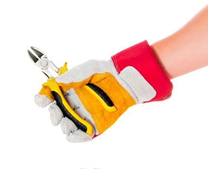 gloved hand with a cutters isolated on a white background