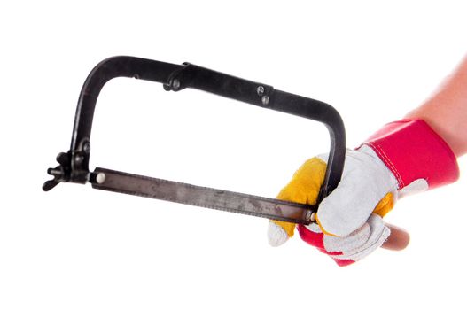 gloved hand with a hacksaw isolated on a white background