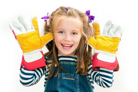 little smiling girl with a working gloves