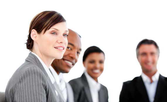 Portrait of smiling businesspeople listenning a presentation against a white background