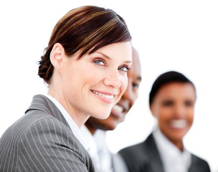 Portrait of smiling businesswoman listenning a presentation against a white background