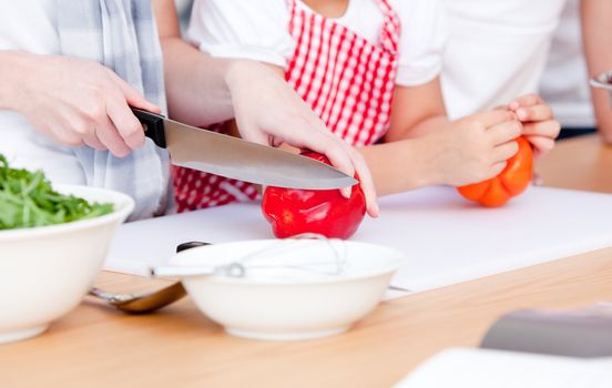 Close-up of people preparing a meal in a kitchen