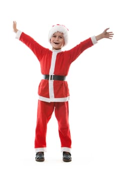 Boy dressed as Santa Claus isolated on white background