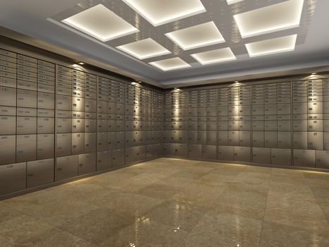 Interior of a fireproof reinforced bank vault or safe room with rows of steel safe deposit boxes for storing important document and valuables