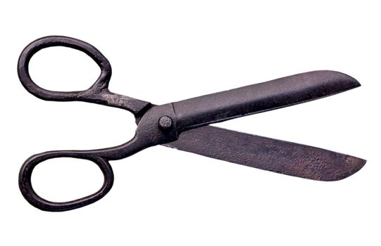 A pair of rusty old scissors or seamstress shears. Isolated