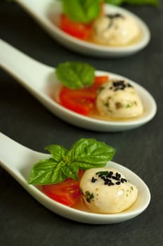 Mozzerella cheese, olive oil, tomatoes and basil as an appetizer