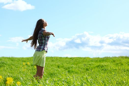 summer woman fly in blue sky